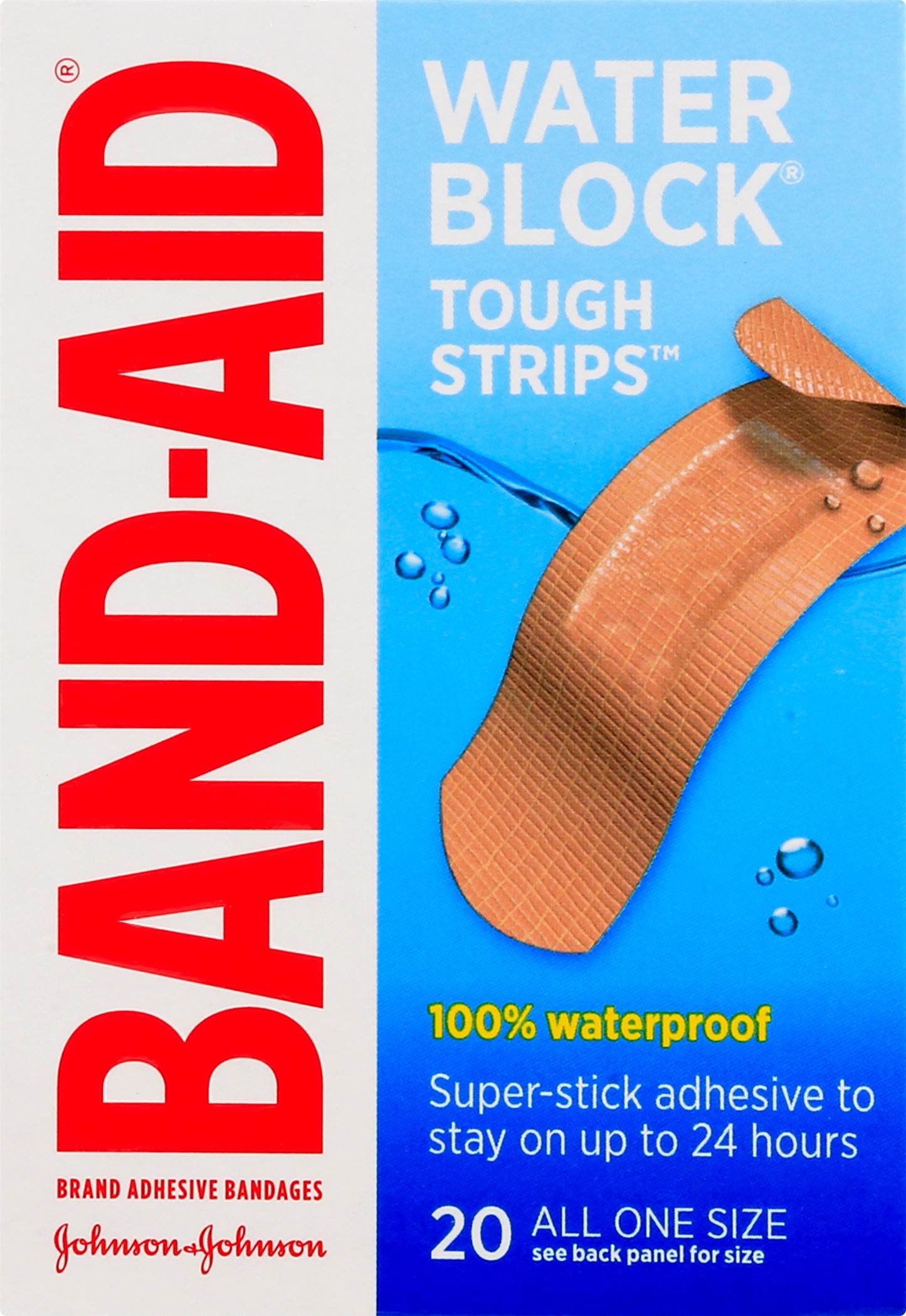 Band Aid Water Block Tough Strips All One Size Bandages 20 ea