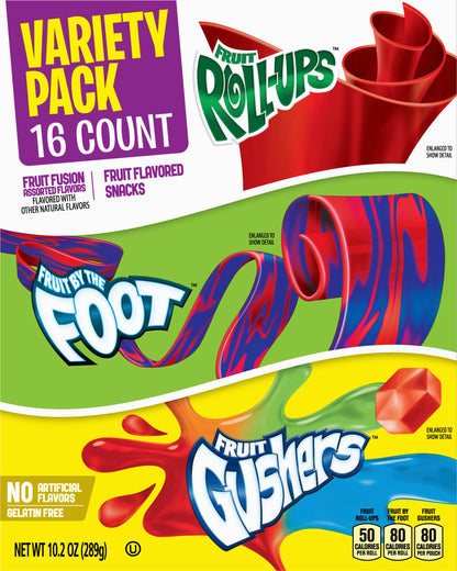 Fruit Snacks Variety Pack, Fruit Roll-Ups, Fruit by the Foot, Gushers, 16 Count