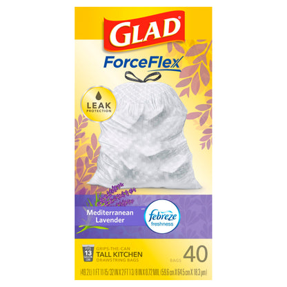 Glad ForceFlex 13 Gallon Tall Kitchen Mediterranean Lavender Drawstring Bags 40 ea
