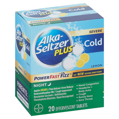 Alka-Seltzer Plus Effervescent Tablets PowerFast Fizz Night Severe Lemon Cold 20 Tablets 20 ea