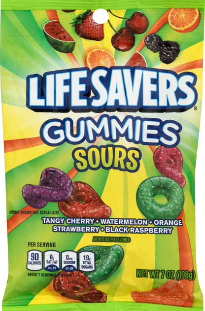 Lifesavers Sours Tangy Cherry Watermelon Orange Strawberry Black Raspberry Gummies 7 oz