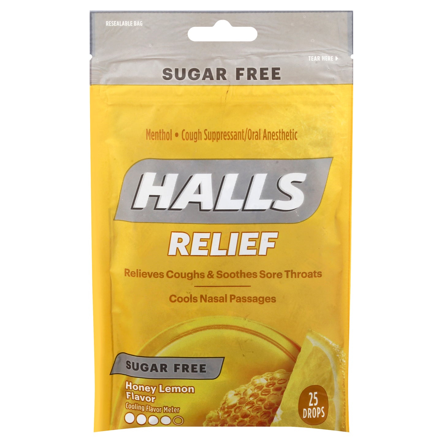 Halls Sugar Free Relief Drops Honey Lemon Flavor Cough Suppressant/Oral Anesthetic 25 ea