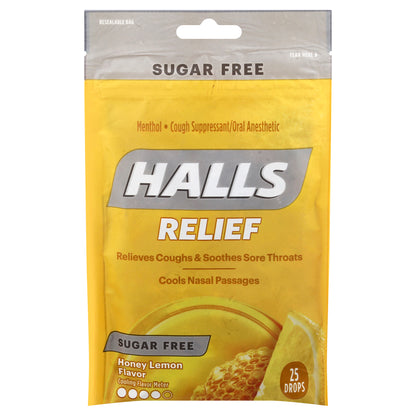 Halls Sugar Free Relief Drops Honey Lemon Flavor Cough Suppressant/Oral Anesthetic 25 ea