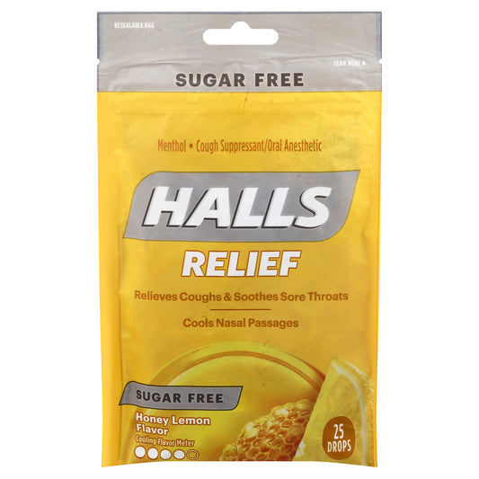Halls Sugar Free Relief Drops Honey Lemon Flavor Cough Suppressant/Oral Anesthetic 25 ea