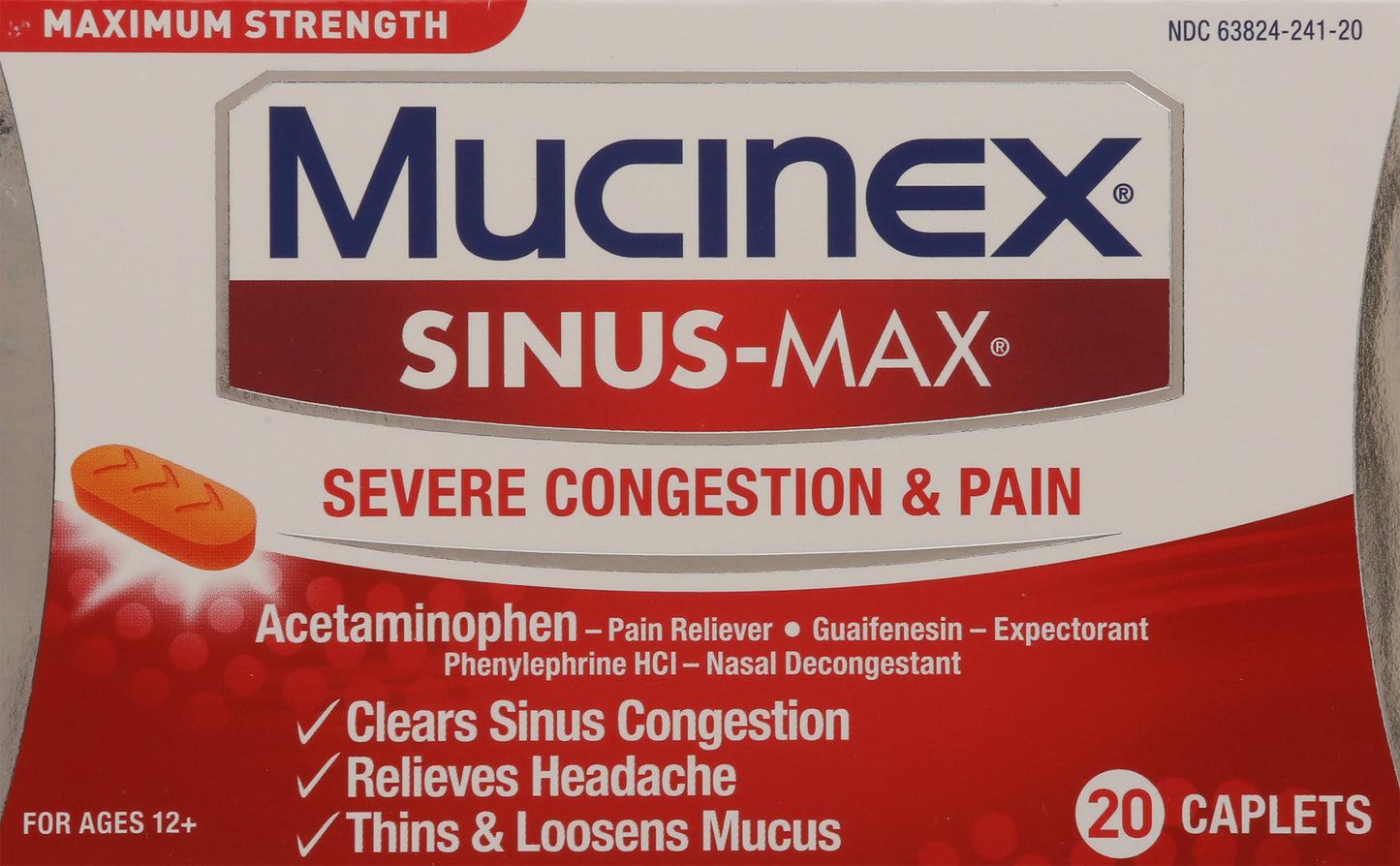 Mucinex Sinus-Max Maximum Strength Severe Congestion & Pain 20 Caplets Box