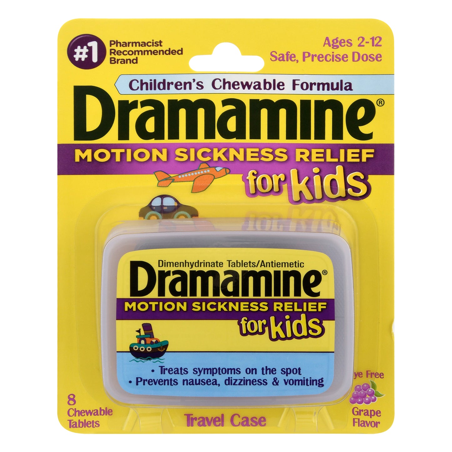 Dramamine for Kids Chewable Tablets Travel Case Grape Flavor Motion Sickness Relief 8 ea