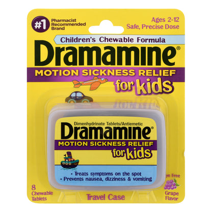 Dramamine for Kids Chewable Tablets Travel Case Grape Flavor Motion Sickness Relief 8 ea