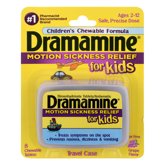 Dramamine for Kids Chewable Tablets Travel Case Grape Flavor Motion Sickness Relief 8 ea