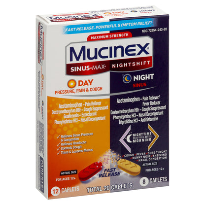 Mucinex Maximum Strength Sinus-Max/Nightshift 20 Caplets Box