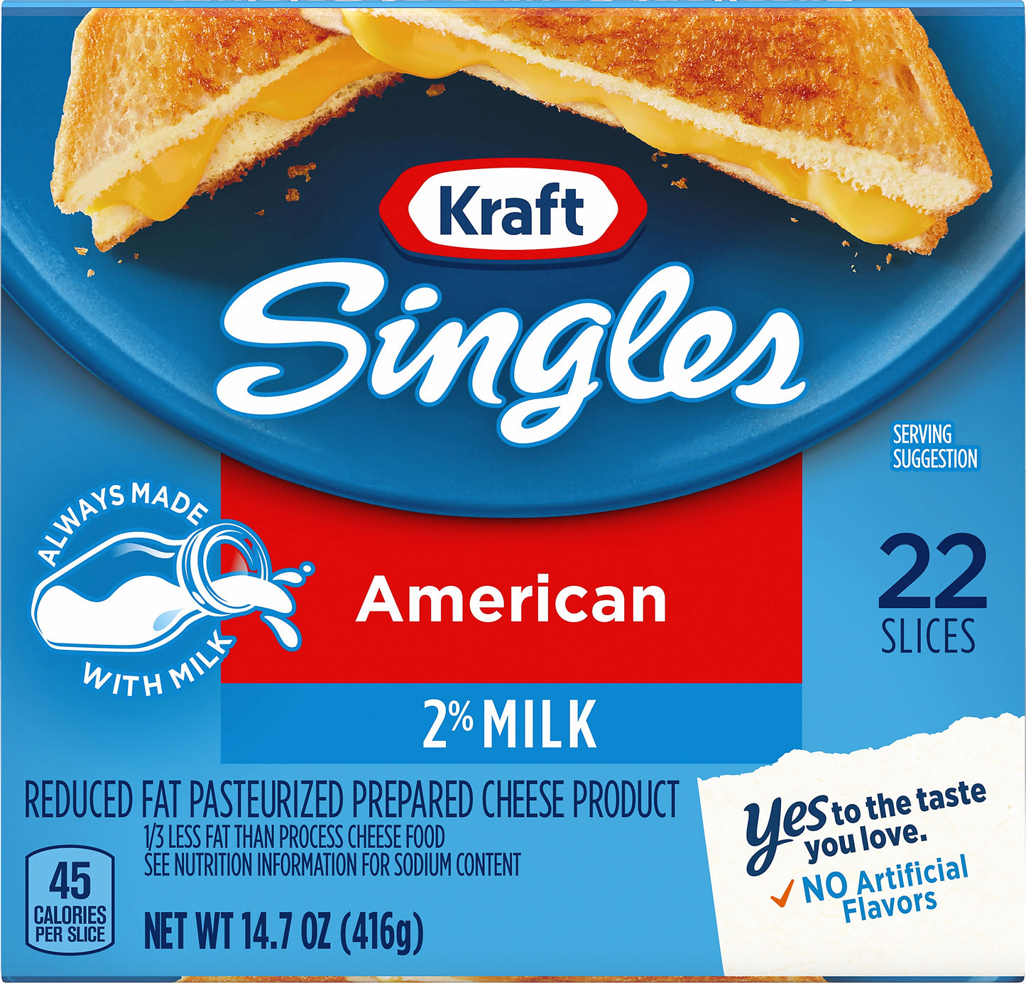Kraft Singles Cheese Slices, 2% Milk Reduced Fat American Cheese, 22 ct - 14.7 oz Wrapper