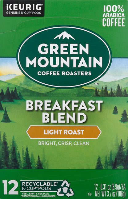Green Mountain K-Cup Pods Light Roast 100% Arabica Breakfast Blend Coffee 12 ea