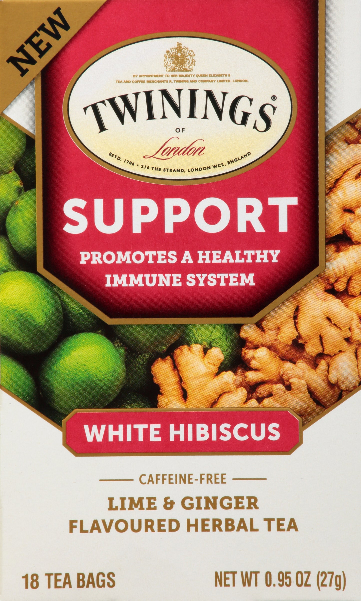 Twinings Tea Bags Caffeine-Free Support White Hibiscus Lime & Ginger Herbal Tea 18 ea