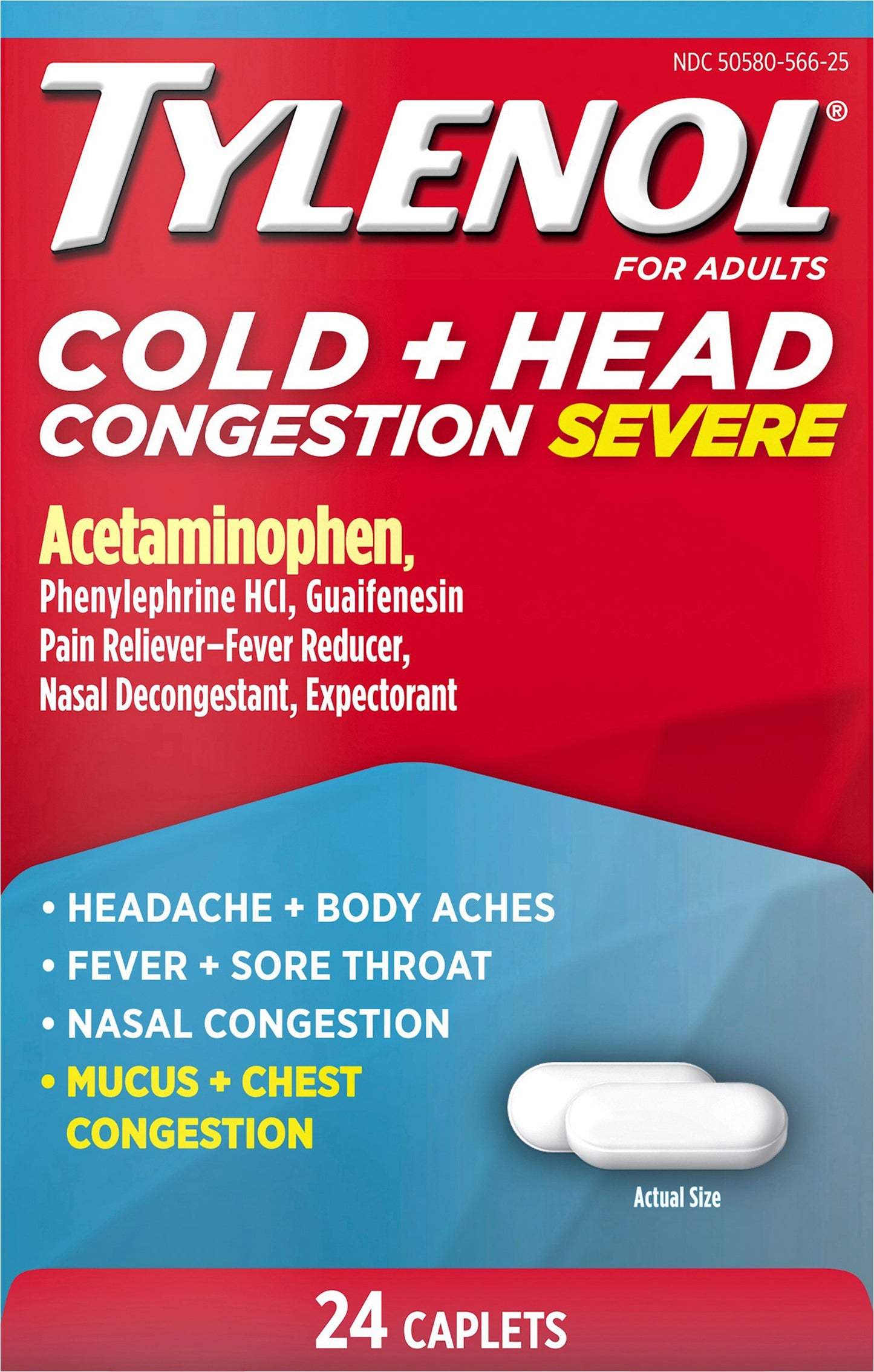 Tylenol Caplets for Adults Congestion Severe Cold + Head 24 ea