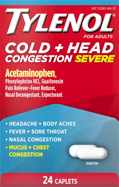 Tylenol Caplets for Adults Congestion Severe Cold + Head 24 ea