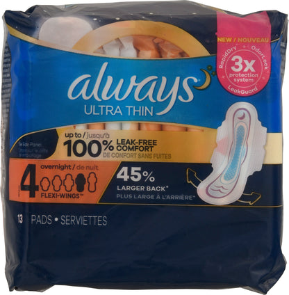 Always Ultra Thin Overnight Flexi-Wings Size 4 Pads 13 ea Bag