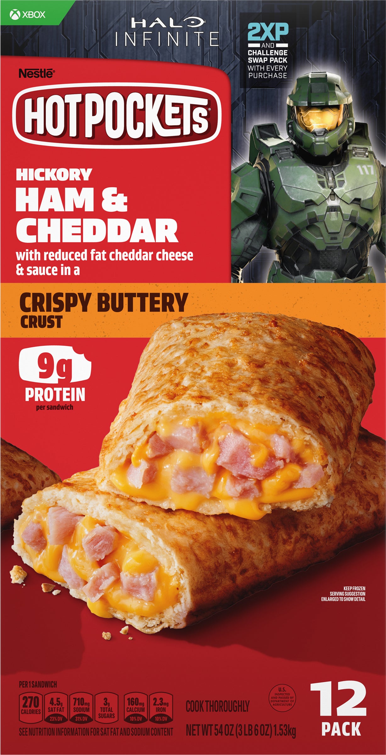 Hot Pockets 12 Pack Halo Infinite Crispy Buttery Crust Hickory Ham & Cheddar Sandwiches 12 ea