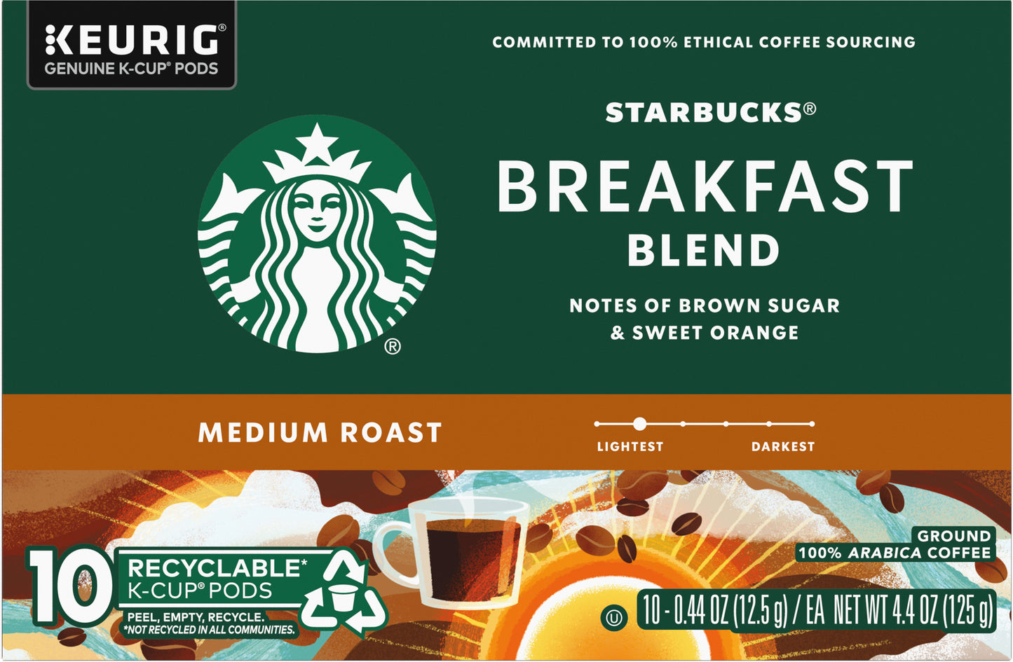 Starbucks K-Cup Pods Medium Roast Ground 100% Arabica Breakfast Blend Coffee 10 - 0.44 oz Pods
