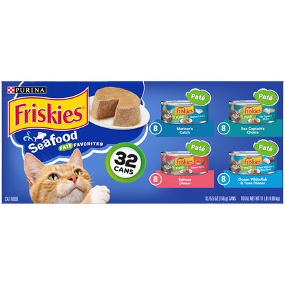 Purina Friskies Pate Wet Cat Food Variety Pack, Seafood Favorites - (32) 5.5 oz. Cans