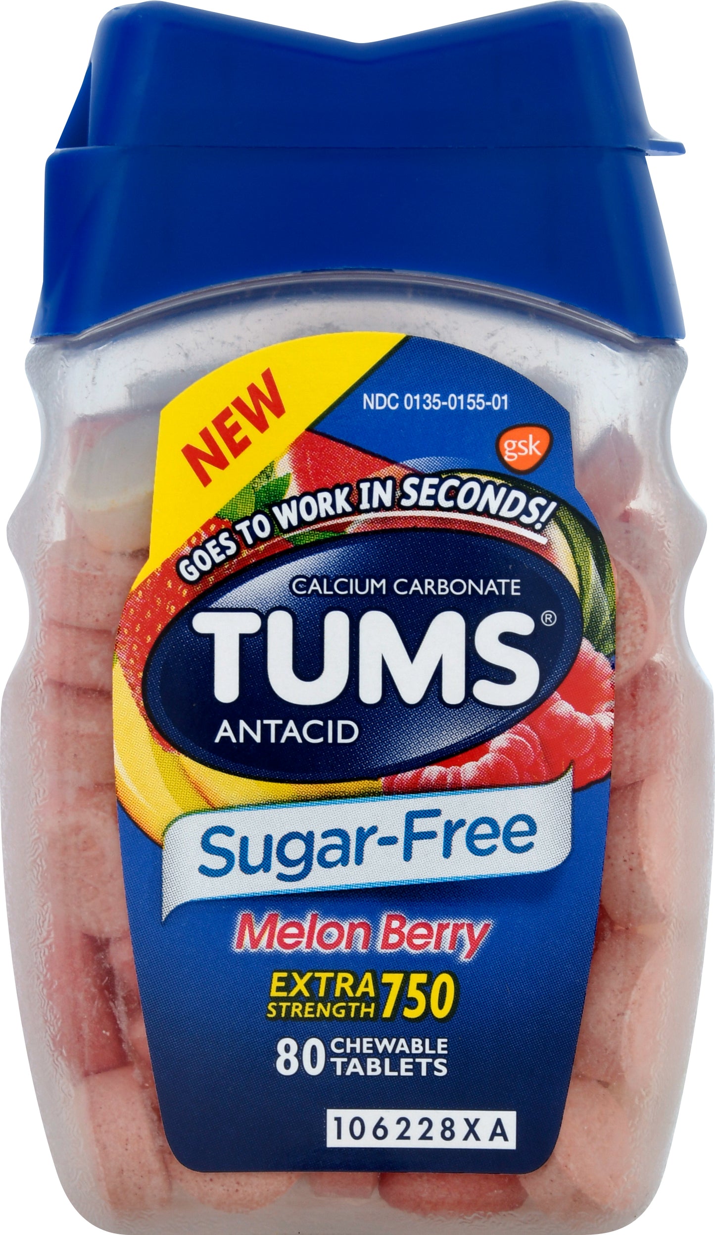 Tums Chewable Tablets Sugar-Free Extra Strength 750 Melon Berry Antacid 80 ea