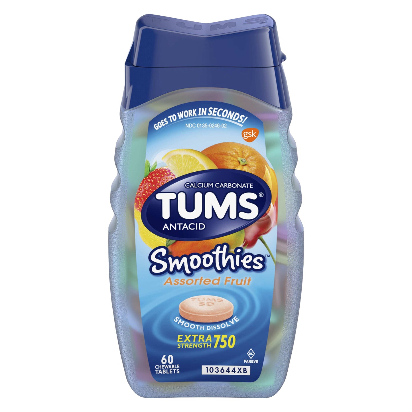 TUMS Smoothies Chewable Extra Strength Antacid Tablets for Heartburn Relief, Assorted Fruit - 60 Cou