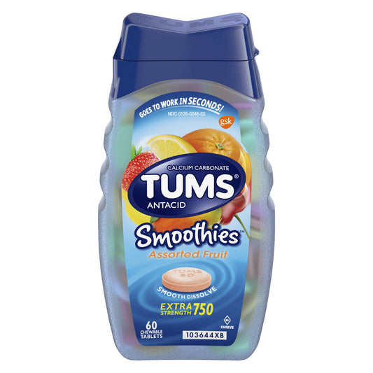 TUMS Smoothies Chewable Extra Strength Antacid Tablets for Heartburn Relief, Assorted Fruit - 60 Cou