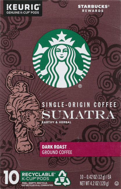 Starbucks K-Cup Pods Dark Roast Ground Sumatra Coffee 10 ea