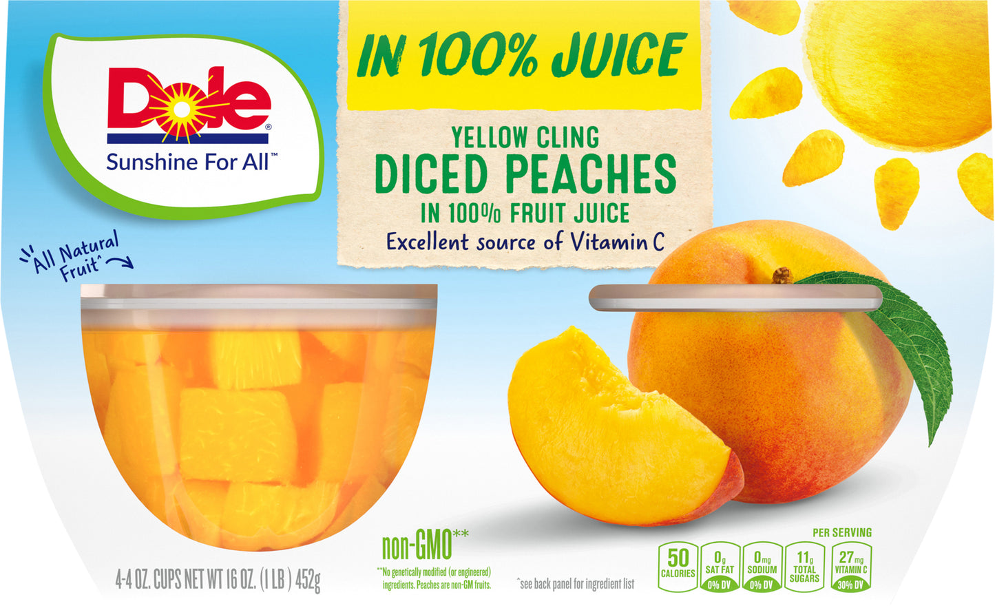 DOLE® Fruit Bowls® Yellow Cling Diced Peaches in 100% Fruit Juice 4 - 4 oz Cups