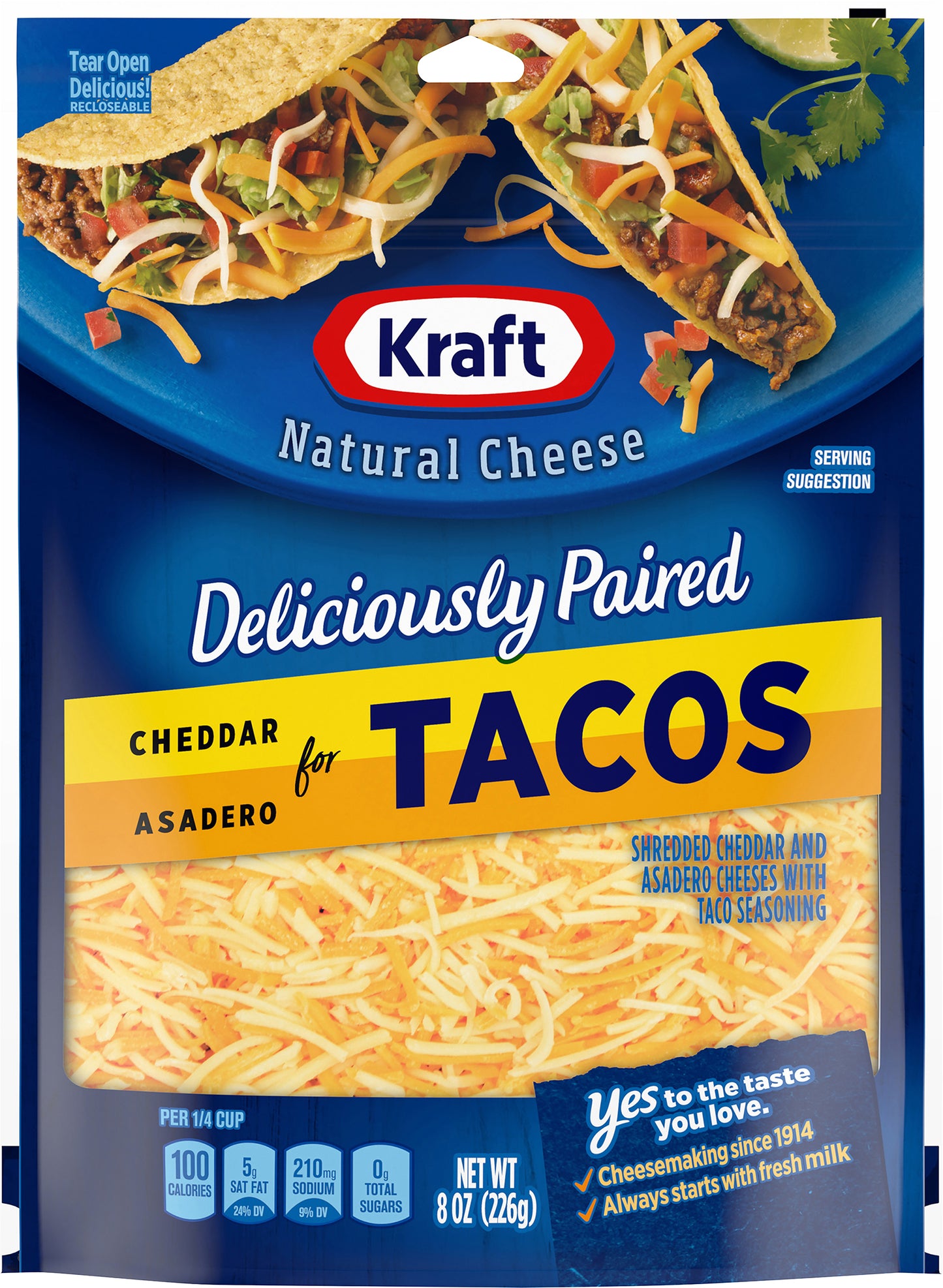 Kraft Deliciously Paired Cheddar & Asadero Shredded Cheese with Taco Seasoning for Tacos, 8 oz Bag