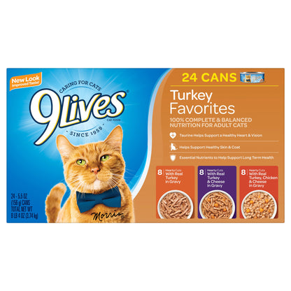 9Lives Turkey Favorites Wet Cat Food Variety Pack, 5.5-Ounce Cans (Pack of 24)