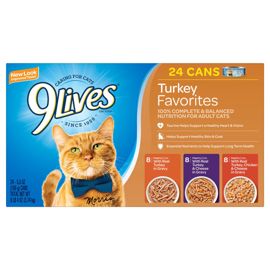 9Lives Turkey Favorites Wet Cat Food Variety Pack, 5.5-Ounce Cans (Pack of 24)