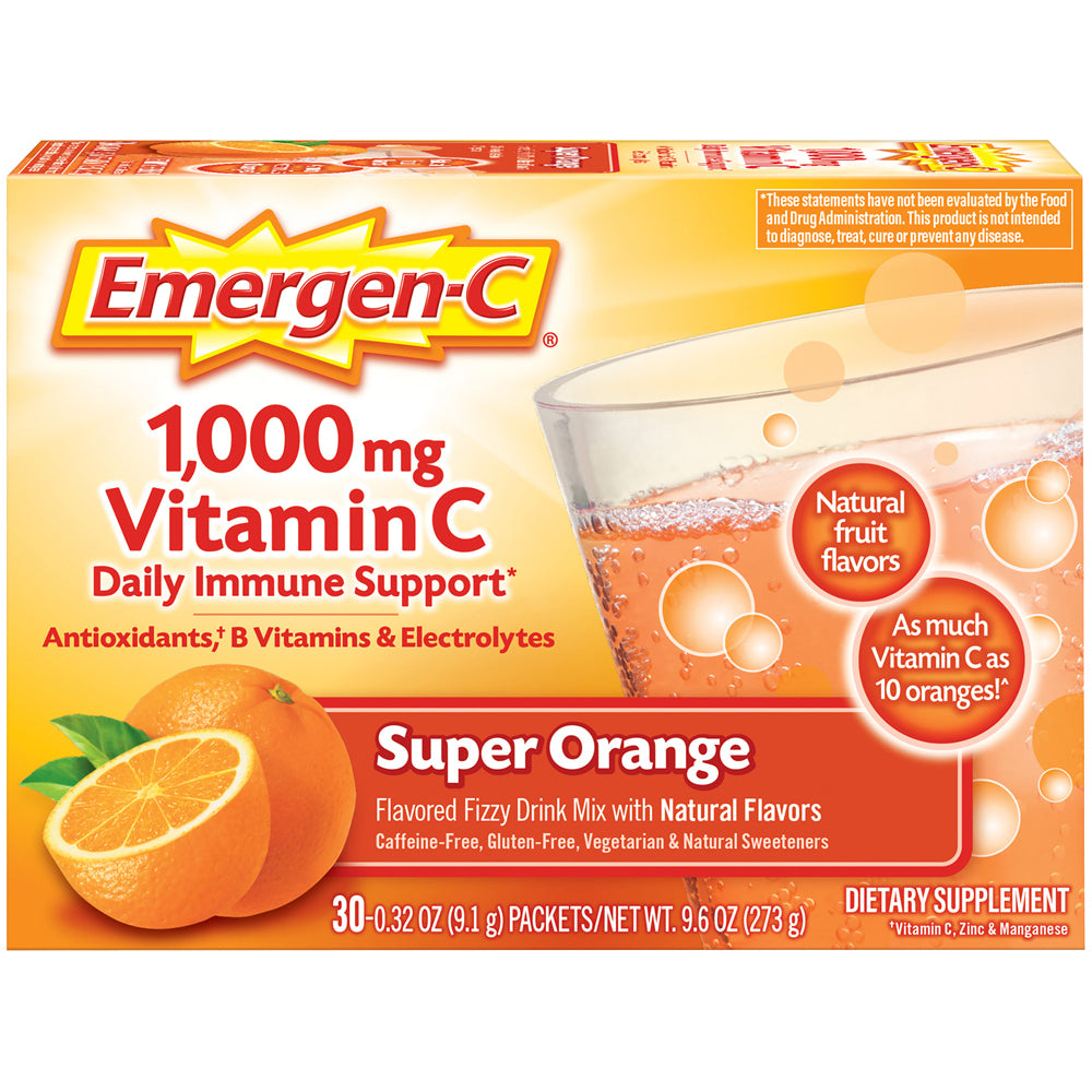 Emergen-C Vitamin C 1000mg Powder (30 Count, Super Orange Flavor, 1 Month Supply), With Antioxidants