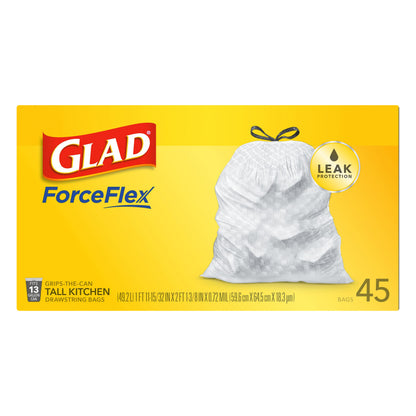 Glad ForceFlex 13 Gallon Drawstring Tall Kitchen Bags 45 ea