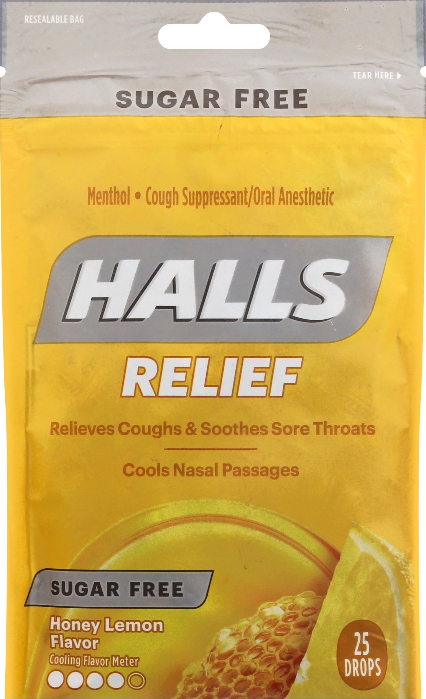 Halls Sugar Free Relief Drops Honey Lemon Flavor Cough Suppressant/Oral Anesthetic 25 ea