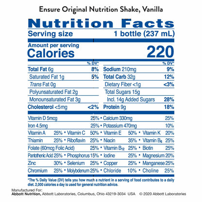 Ensure Original Nutrition Shake with 9 grams of protein, Meal Replacement Shakes, Vanilla, 8 fl oz,