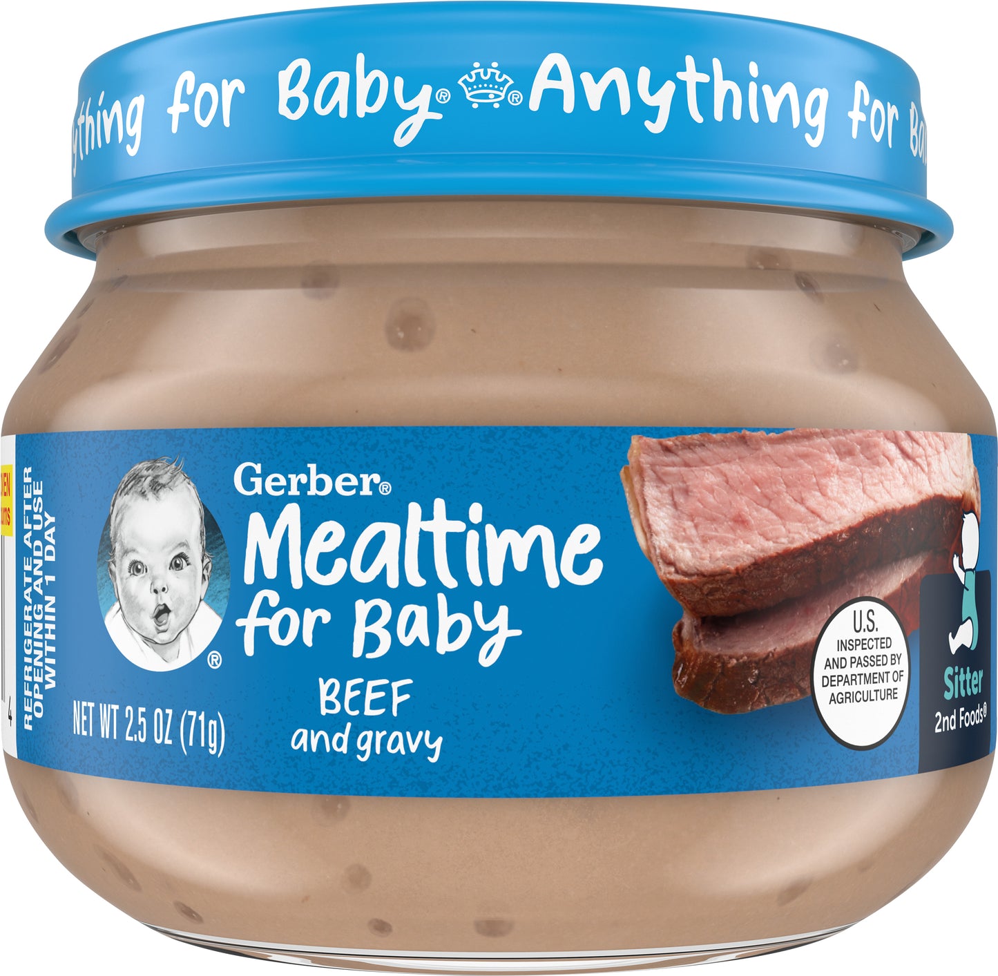 GERBER PRODUCTS COMPANY Gerber Mealtime for Baby Beef and Gravy Label R025A NET WT 2.5 OZ (71g)