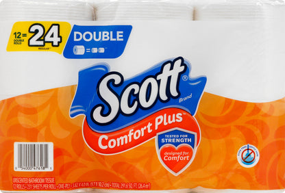 Scott Comfort Plus One-Ply Double Rolls Unscented Bathroom Tissue 12 ea