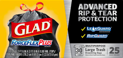 Glad ForceFlex Plus 30 Gallon Large Drawstring Multipurpose Trash Bags 25 ea