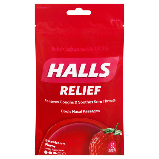 Halls Relief Strawberry Flavor Cough Suppressant/Oral Anesthetic 30 ea