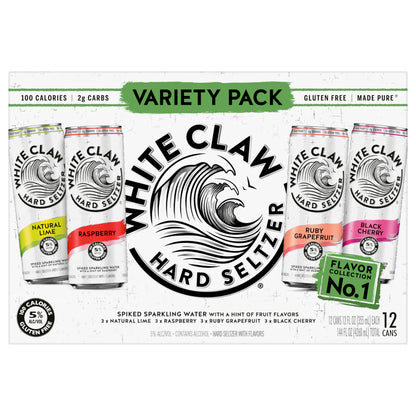 White Claw 12 Pack Variety Pack Spiked Natural Lime/Raspberry/Ruby Grapefruit/Black Cherry Hard Selt