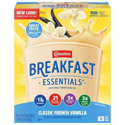 Carnation Breakfast Essentials Classic French Vanilla Nutritional Powder Drink Mix 10 - 1.26 oz Pack