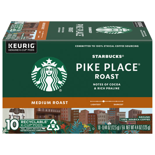 Starbucks Medium Roast K-Cup Pods Ground 100% Arabica Pike Place Roast Coffee 10 - 0.44 oz Pods
