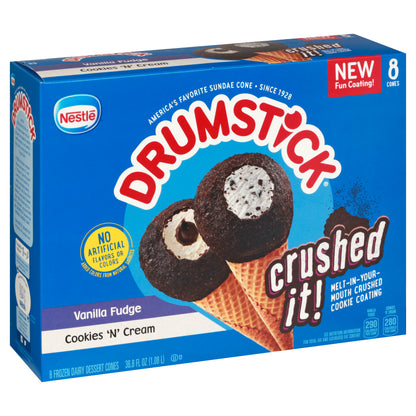 Drumstick Frozen Dairy Vanilla Fudge/Cookies 'N' Cream Dessert Cones 8 ea