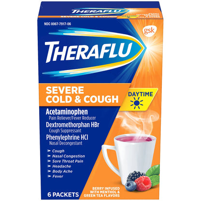 Theraflu Daytime Severe Cold and Cough Hot Liquid Powder Berry Infused with Menthol and Green Tea Fl