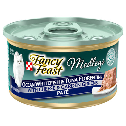 Purina Fancy Feast Pate Wet Cat Food, Medleys Whitefish & Tuna Florentine With Cheese - 3 oz. Can