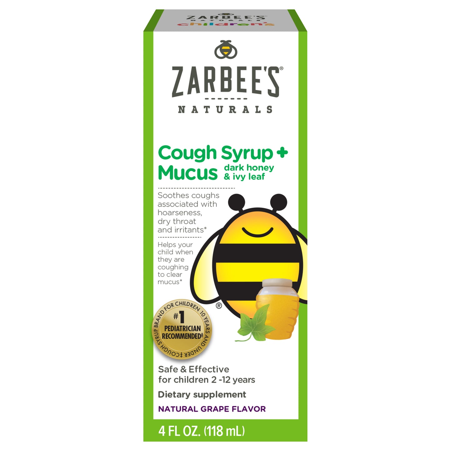 Zarbee's Naturals Children's Dark Honey & Ivy Leaf Natural Grape Flavor Cough Syrup + Mucus 4 fl oz