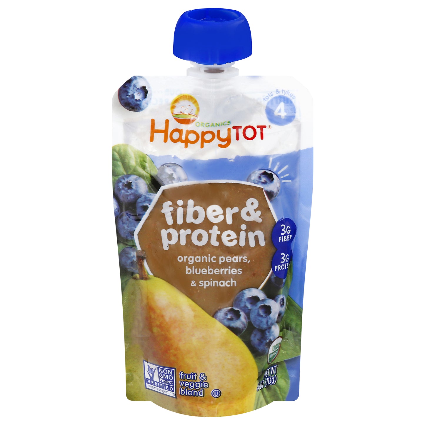 HappyTot Organics Fiber & Protein 4 (Tots & Tykes) Fruit & Veggie Blend 4 oz