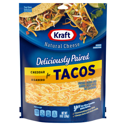 Kraft Deliciously Paired Cheddar & Asadero Shredded Cheese with Taco Seasoning for Tacos, 8 oz Bag