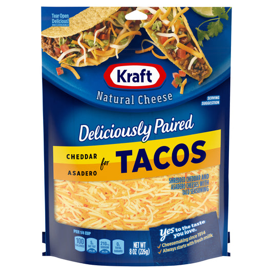 Kraft Deliciously Paired Cheddar & Asadero Shredded Cheese with Taco Seasoning for Tacos, 8 oz Bag