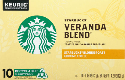Starbucks K-Cup Pods Blonde Roast Ground Veranda Blend Coffee 10 - 0.42 oz ea