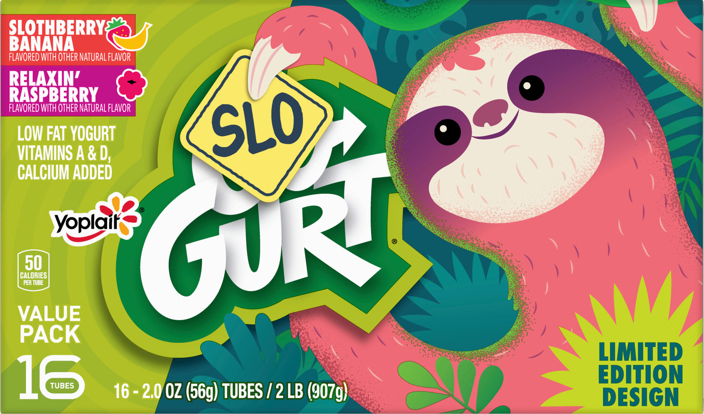 Yoplait Slo-Gurt Value Pack Low Fat Slothberry Banana/Relaxin Raspberry Yogurt 16 ea